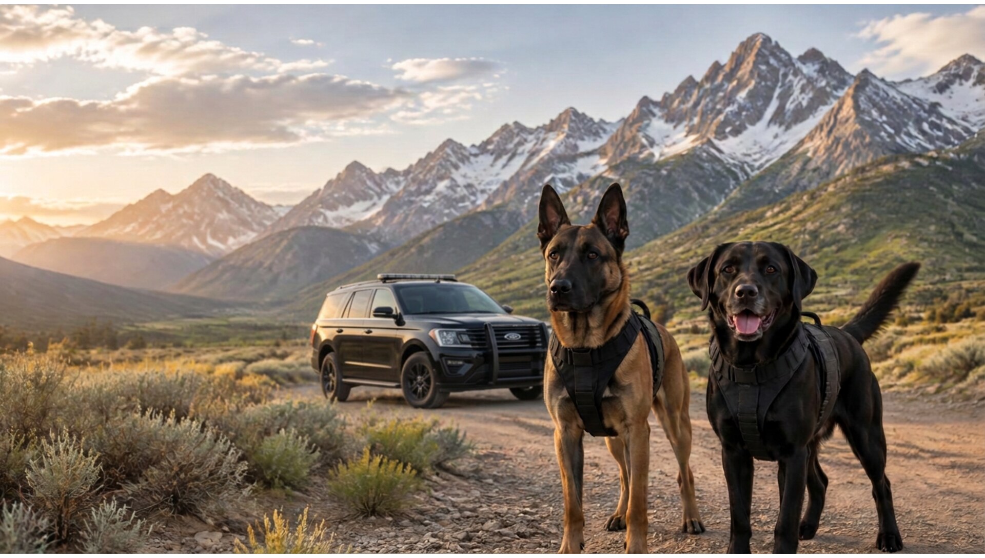 Belgian Malinois K-9 and black Labrador detection dog standing side by side in tactical vests in front of the Ruby Mountains of Northeastern Nevada with a police SUV behind