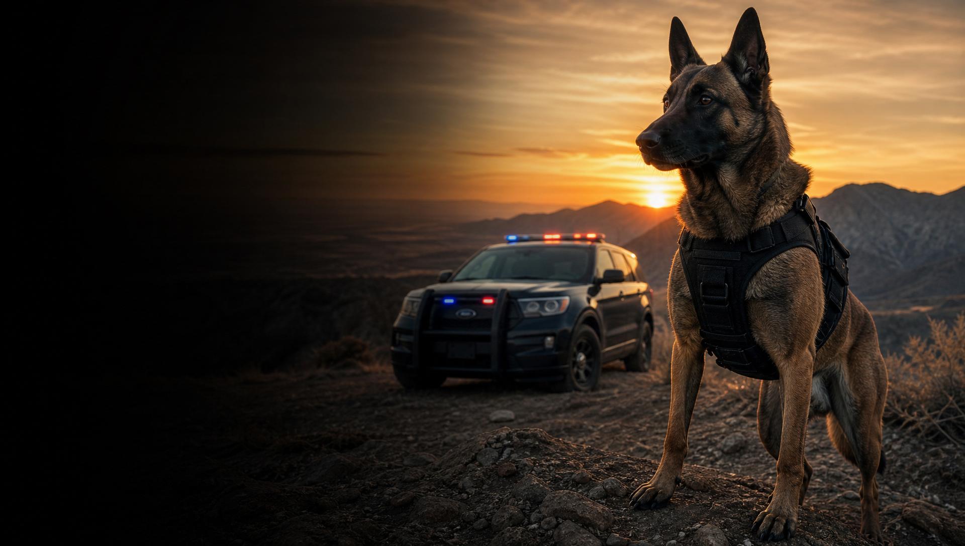 Belgian Malinois K-9 in tactical vest at sunset in Northeastern Nevada with a police vehicle behind